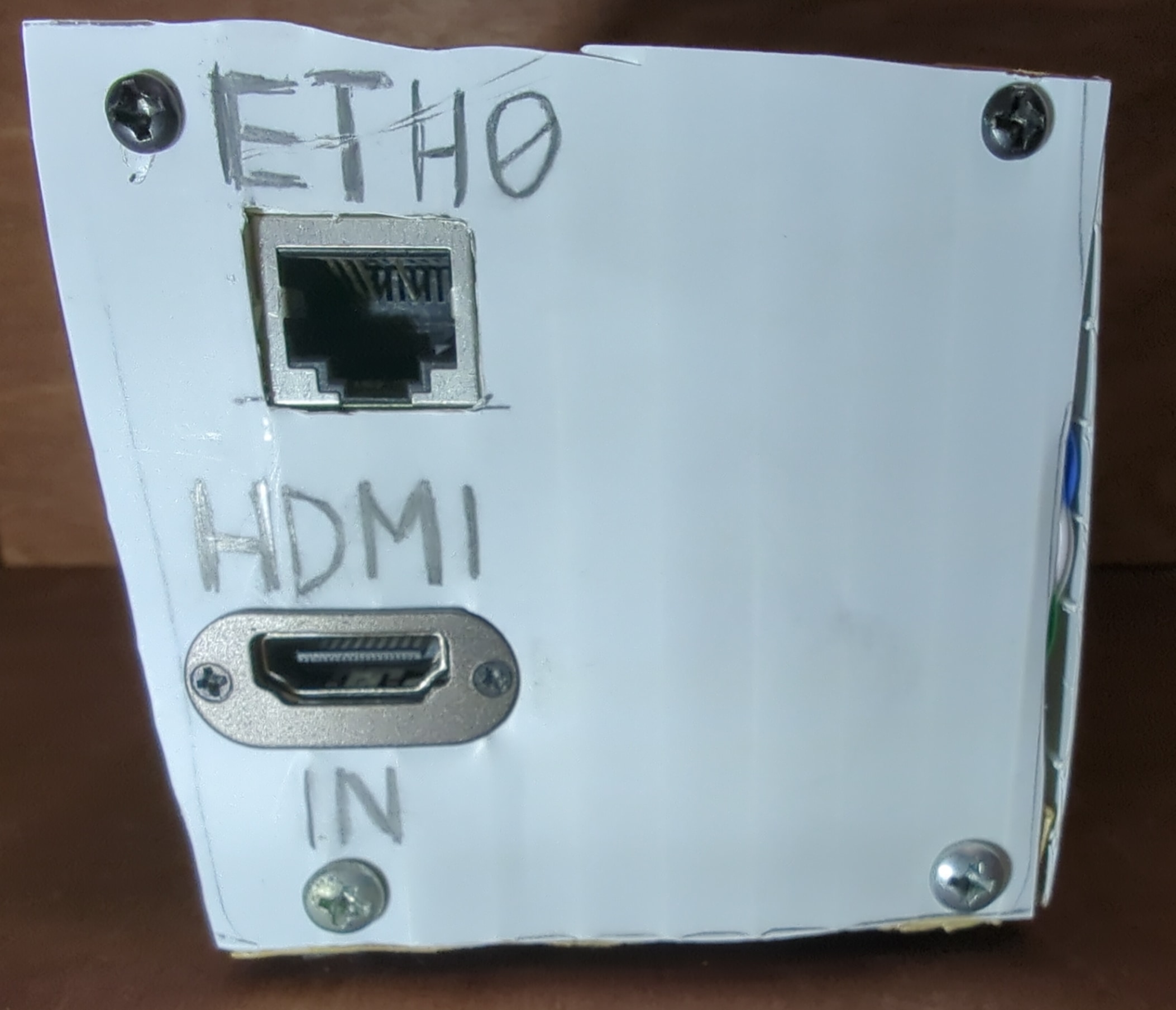 Ethernet RJ-45 and HDMI Input ports mounted on the side of the custom case.