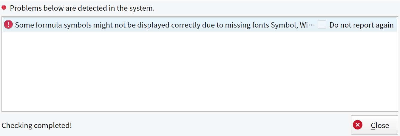 Missing formula fonts error message for WPS Office