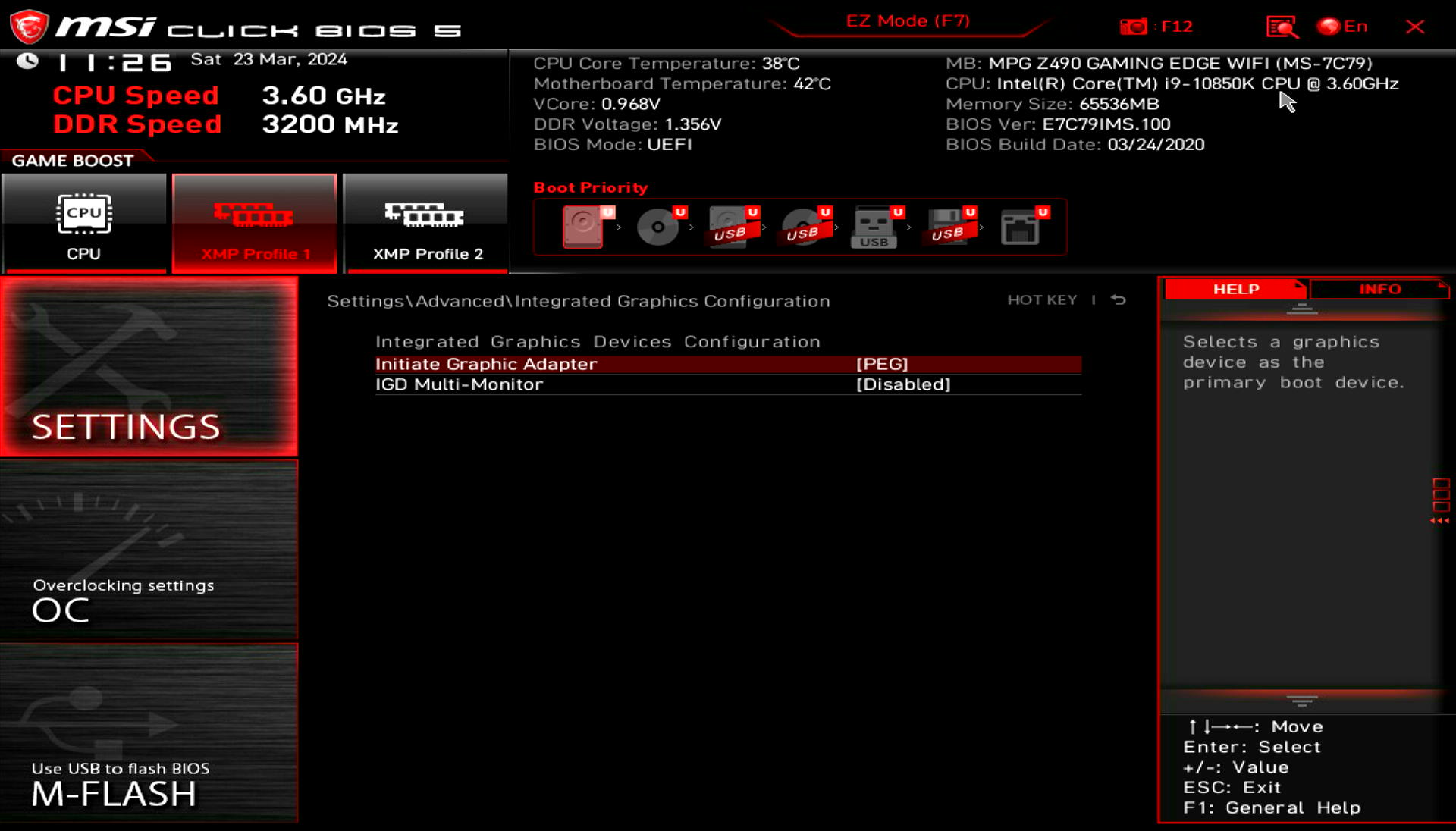 Example of GPU initialization settings on MSI Z490 motherboard