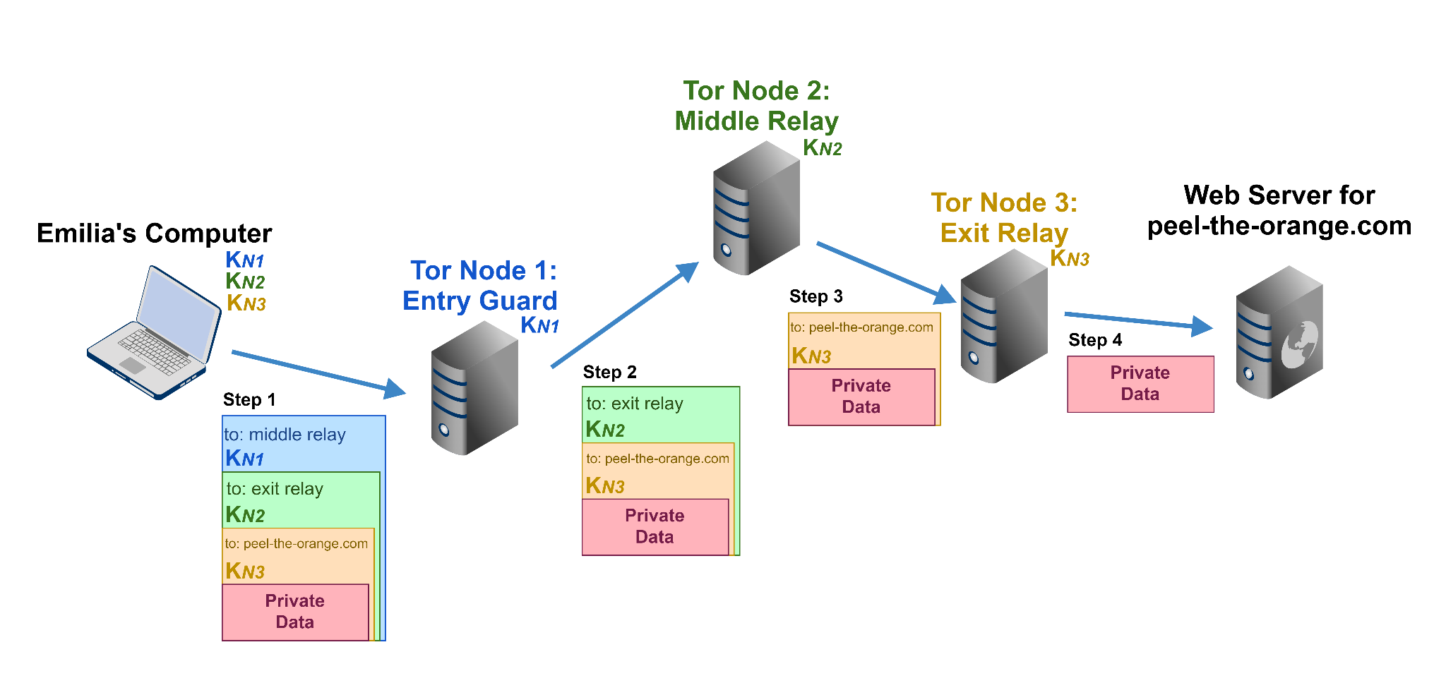 Principle diagram of the network of Tor nodes