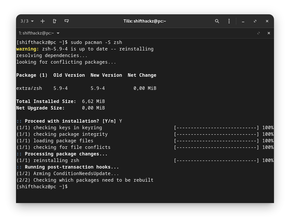 Example of installing ZSH on Arch Linux