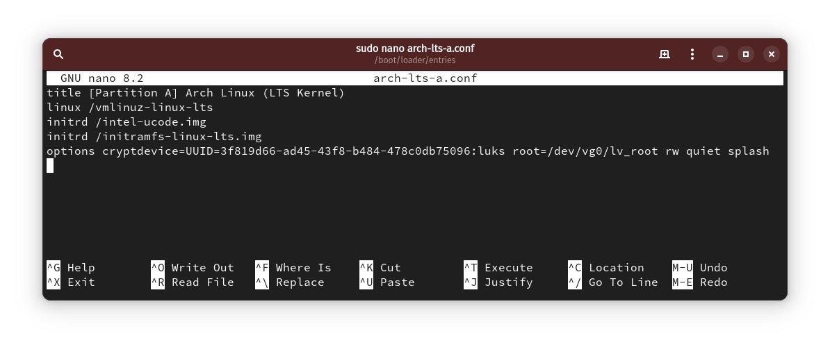 Boot entry for LTS kernel on partition “A”.