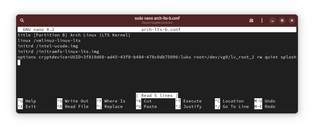 Boot entry for LTS kernel on partition “B”.